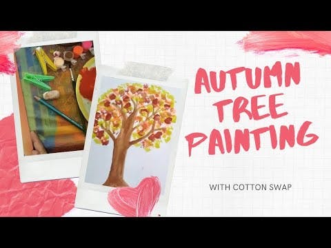 Autumn tree painting with cotton ball